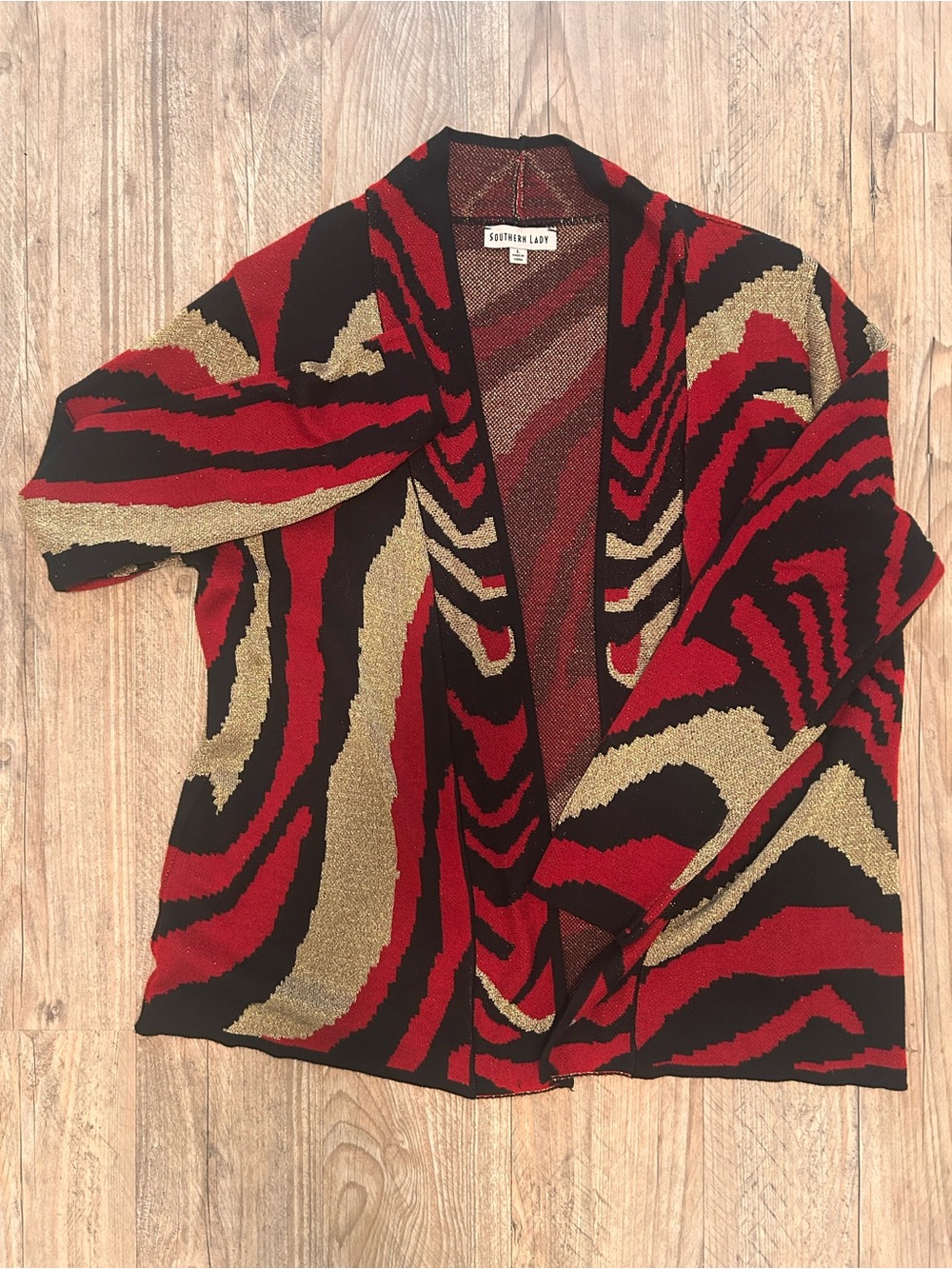 Southern Lady Red Black Gold Open-Front Cardigan Sweater